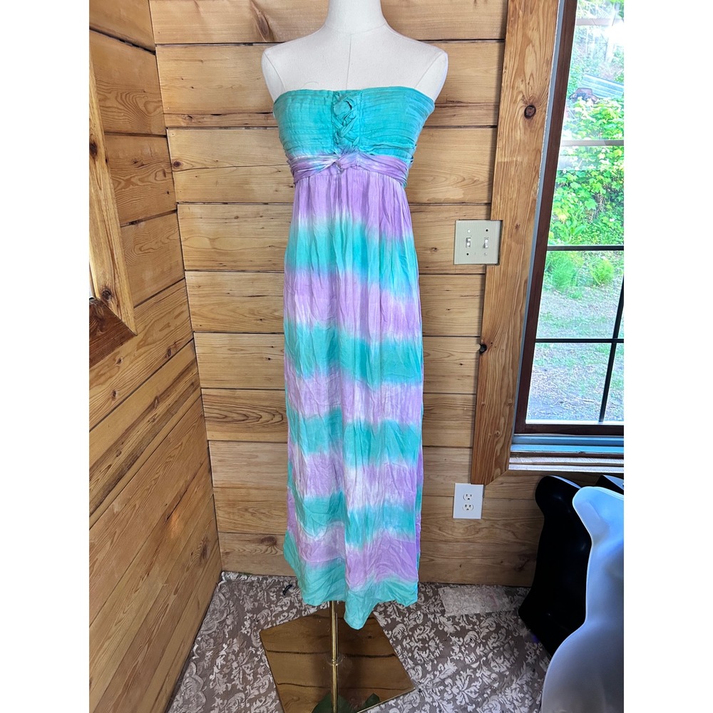 Vintage Maxi Dress Women Purple Teal Tie Dye Wayan Natural Wear Resort Beach Y2K